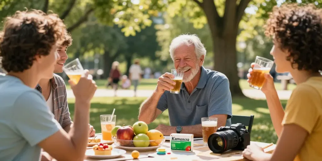 Kamagra gel na pikniku se starším mužem a přáteli na slunném dni.