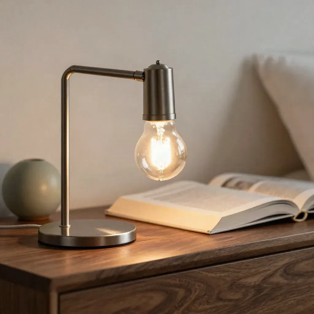 Blízký záběr moderní stolní lampy, která právě svítí na noční stolek.