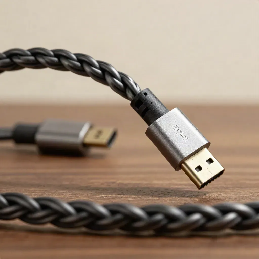 Detail opleteného USB-C kabelu v elegantním oblouku s kovovou koncovkou a adaptérem.